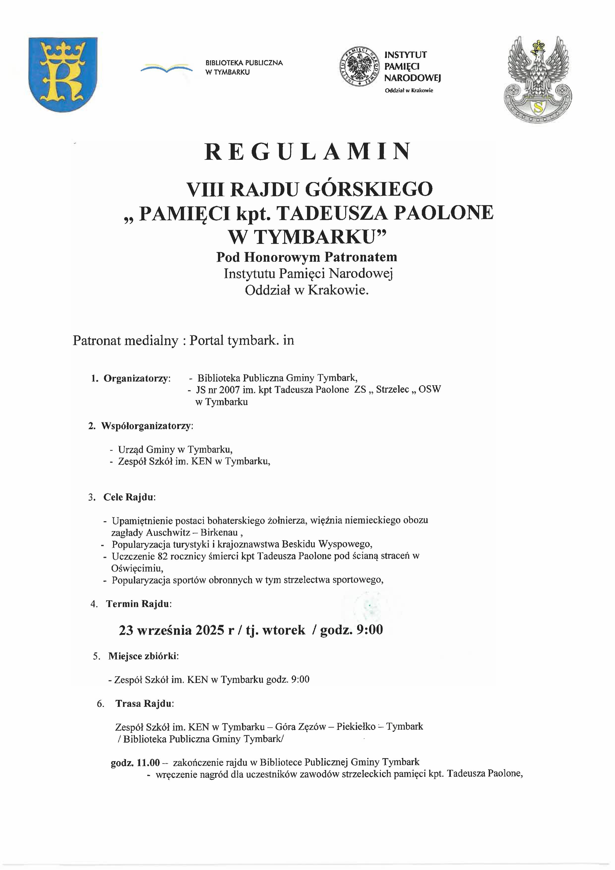 Regulamin VIII Rajdu Górskiego „Pamięci kpt.Tadeusza Paolone w Tymbarku”