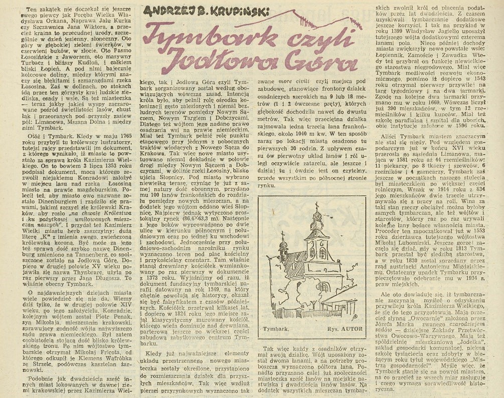 „Tymbark czyli Jodłowa Góra” – artykuł z 1987 roku autorstwa Andrzeja B.Krupińskiego