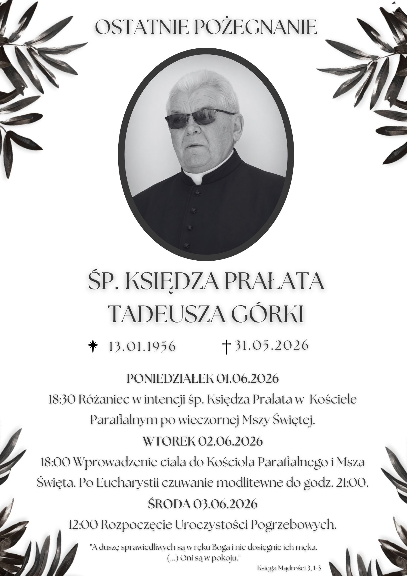 Informacja Parafii Rzymskokatolickiej pw. Św. Prokopa Opata w Jadownikach o uroczystościach pogrzebowych śp.księdza prałata Tadeusza Górki