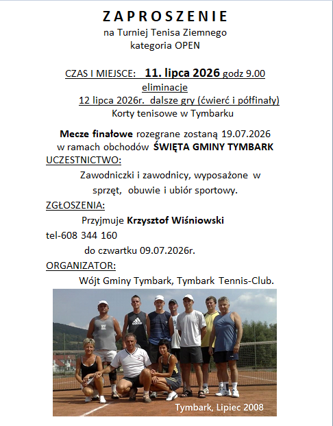 Zaproszenie na Turniej Tenisa Ziemnego w ramach Święta Gminy Tymbark