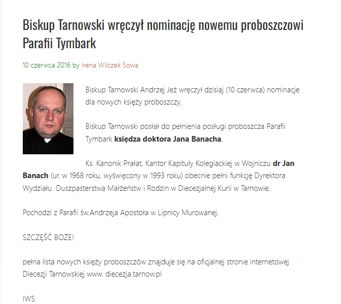10 lat temu – informacja, jaka ukazała się na Tymbark.in o nominacji ks.dr. prałata Jana Banach na proboszcza Parafii Tymbark