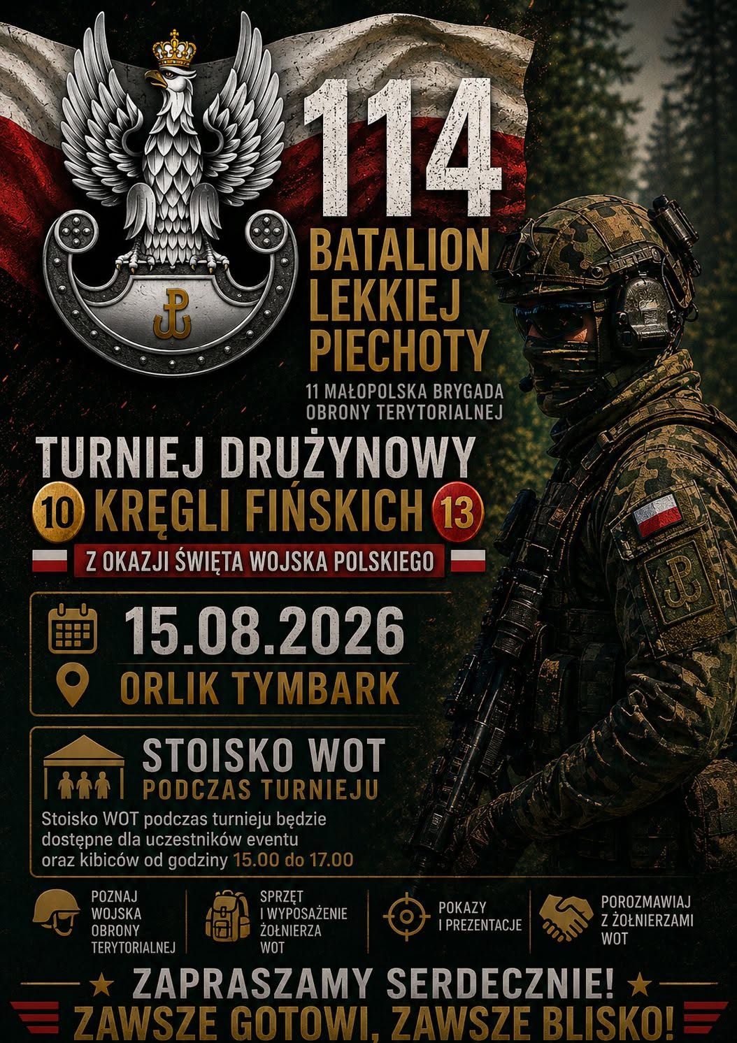 WOT zaprasza na swoje stoisko podczas Turnieju Kręgli Fińskich w Tymbarku w Dzień Wojska Polskiego (15.08.2026)