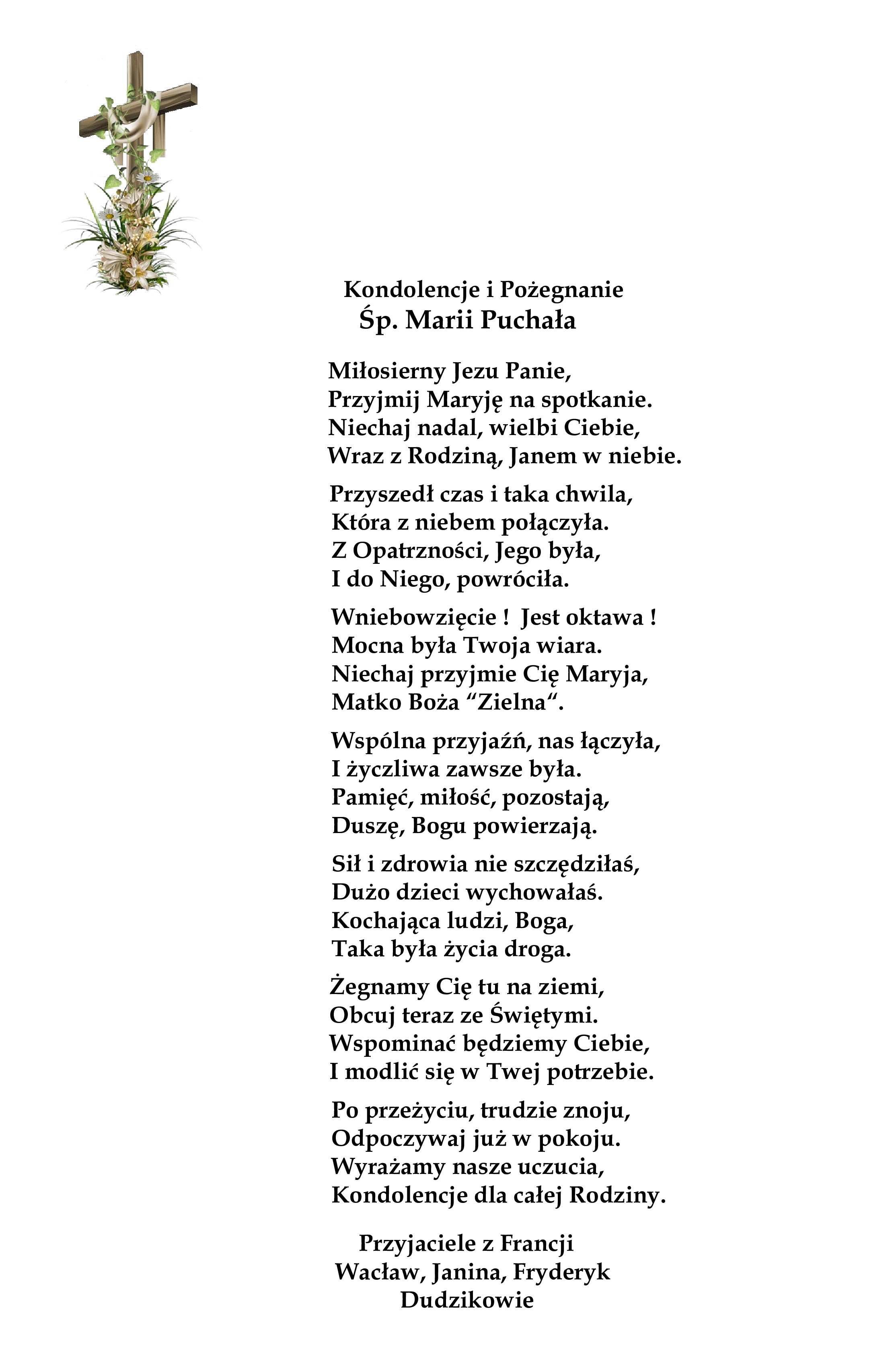 Kondolencje i Pożegnanie śp. Marii Puchała od Rodziny Dudzików