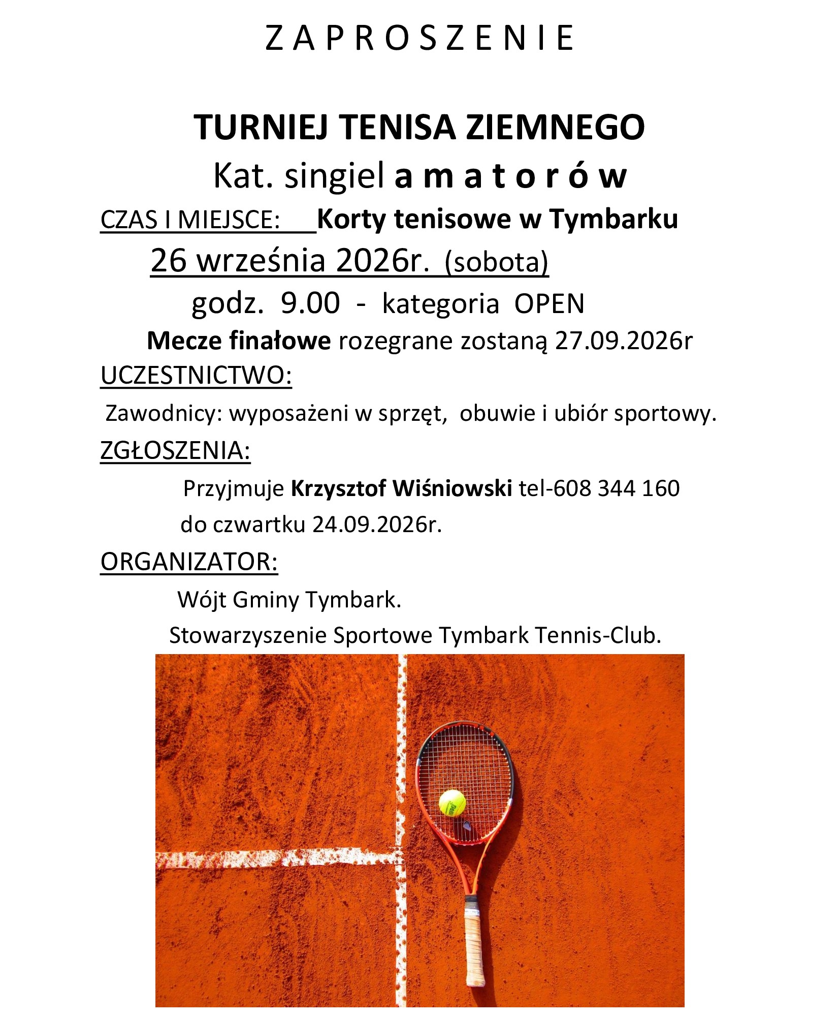 Zaproszenie na Turniej Tenisa Ziemnego w Tymbarku