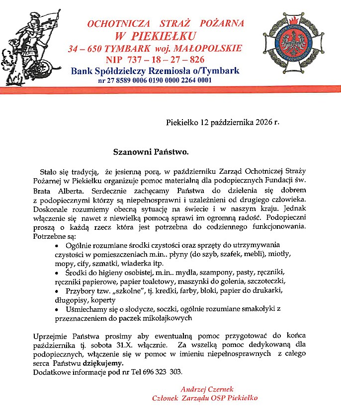OSP Piekiełko zaprasza do udziału w akcji pomocy podopiecznym Fundacji św. Brata Alberta
